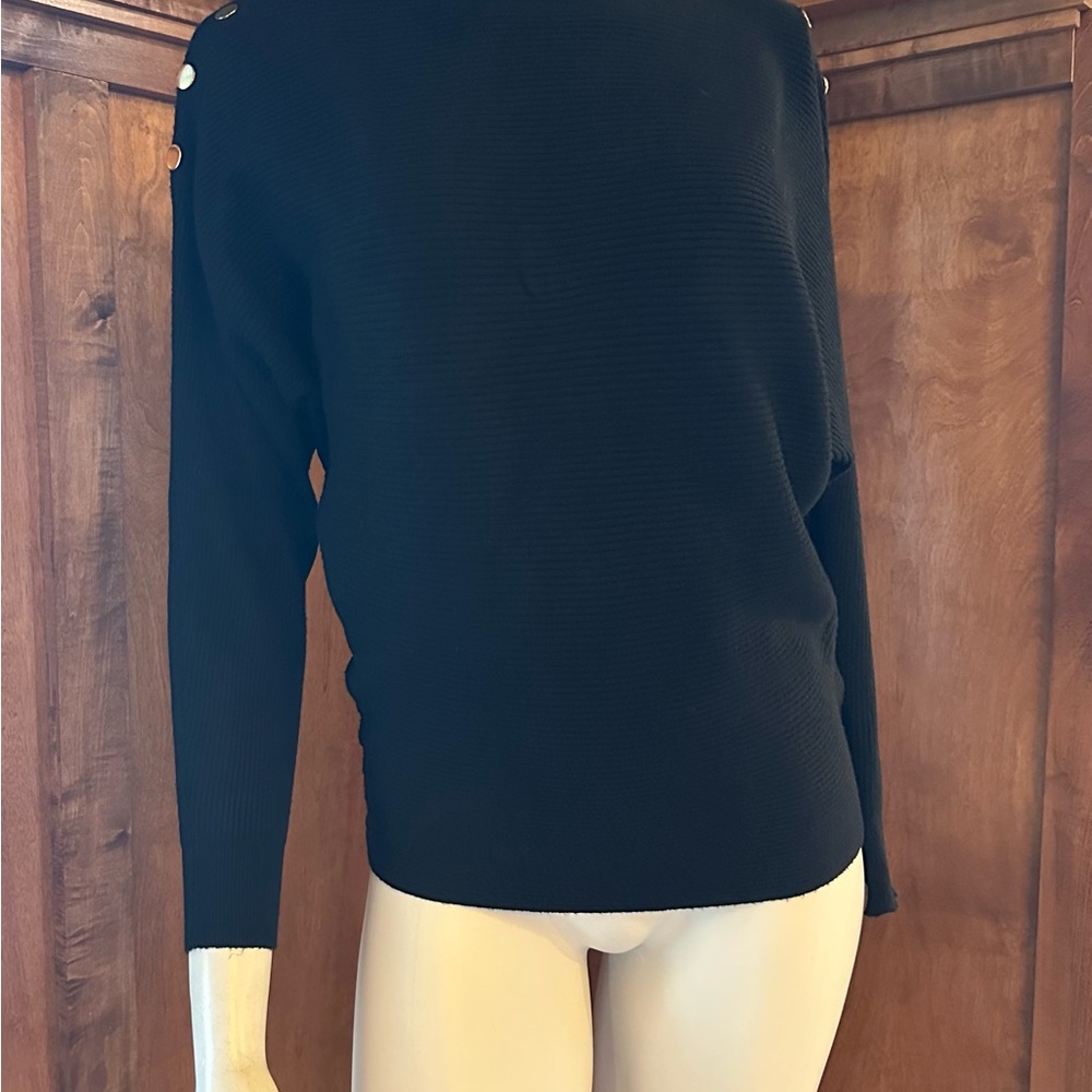 Chic Black Sweater with Button Accents and Bat Wing Sleeves